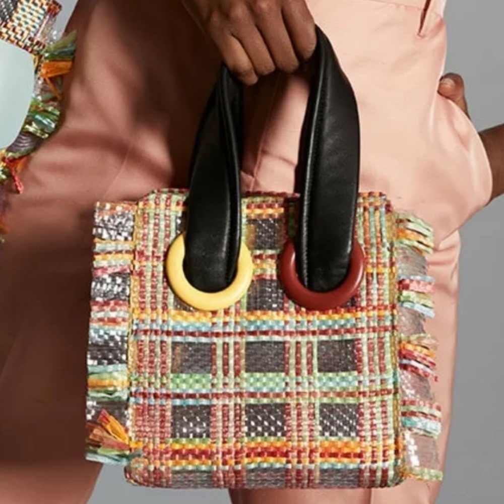 B0YY l Deon 19 Woven Raffia Double Eyelet Black Leather Strap Multi Color Bag
